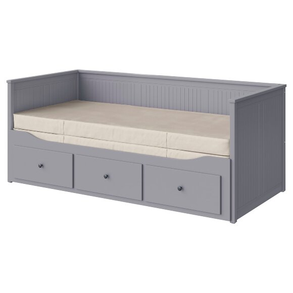 HEMNES Кушетка з 3 шухлядами, 2 матраци, сірий/твердий Vannareid, 80x200 см