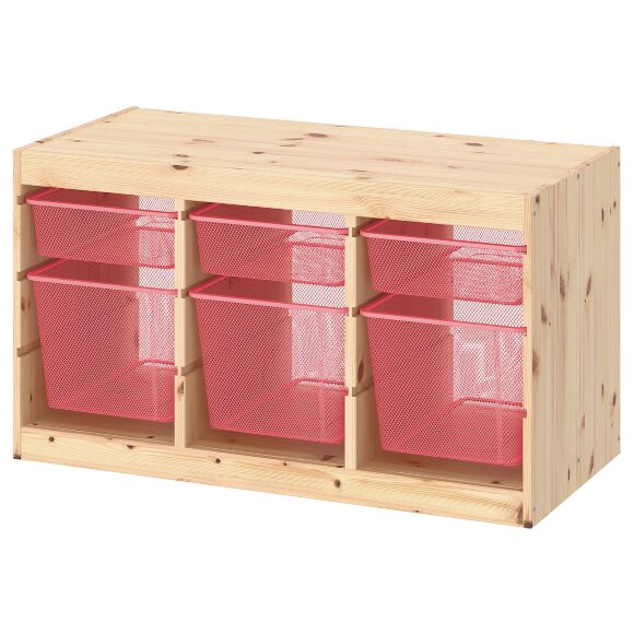 TROFAST Книжкова шафа з контейнерами, сосна світло-біла/світло-червона, 93x44x52 см