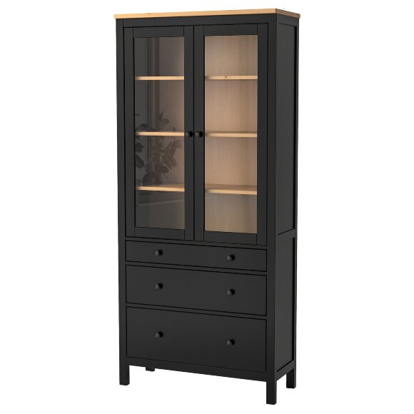 HEMNES Шафа-вітрина з 3 ящиками, чорний/світло-коричневий, 90x197 см