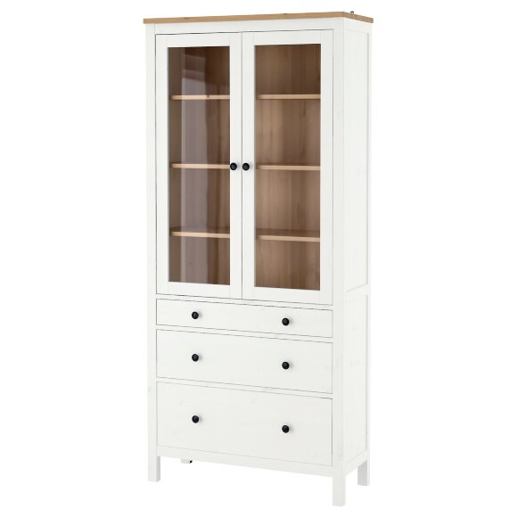 HEMNES Шафа-вітрина з 3 ящиками, біла морилка/світло-коричневий, 90x197 см